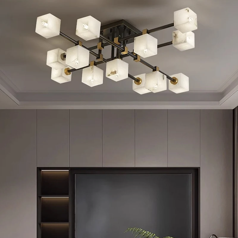 Postmodern Light Luxury Living Room Square Marble Ceiling Lamp Dining Room Apartment Hotel Classic Brass Ceiling Light