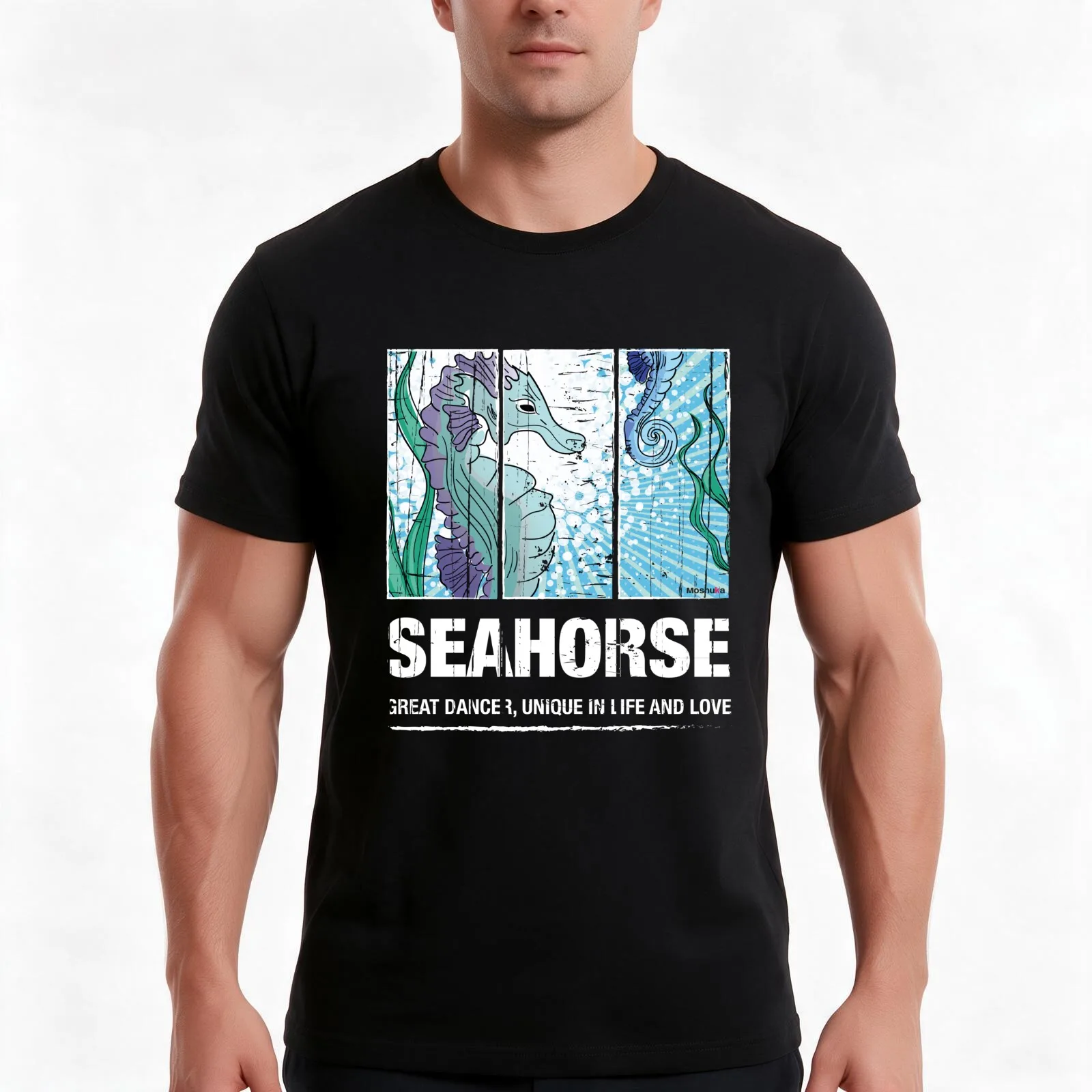 Seahorse. Ocean Series (dark color) T-Shirt, Summer Casual Cotton Tee, Oversized Streetwear Tops, Vintage Graphic Print