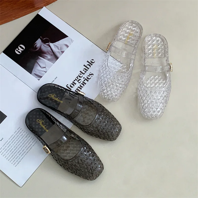 Women's new summer fashionable Baotou hollowed out cool slippers for casual wear, flat bottom solid color slippers for outerwear