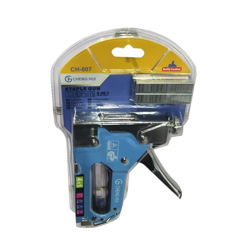 Pistola per chiodi manuale 4 in 1 per la lavorazione del legno, utilizzata per la manutenzione dei mobili, può ruotare per regolare la forza, 4 tipi di chiodi tra cui scegliere