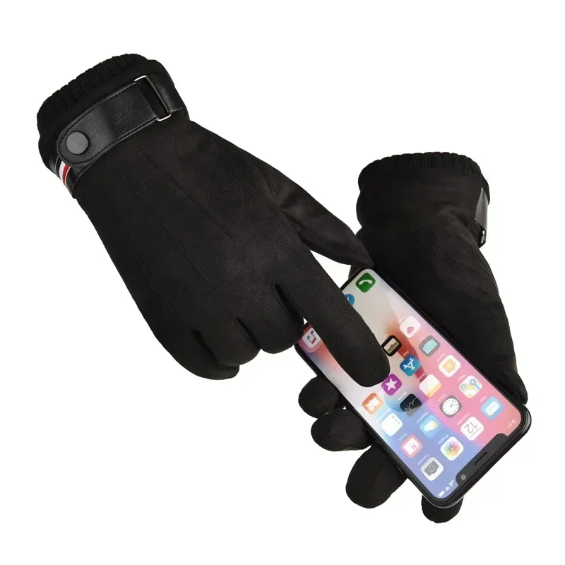 Touch screen cycling gloves Winter suede leather plush insulation Split finger gloves Driving ski thickened gloves Men