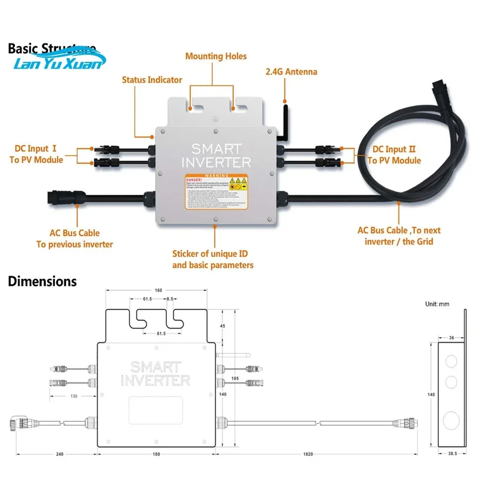 SG600W 700W 800W MPPT Grid Tie Solar Inverter PV Smart Mikro Operasi Tegangan Rentang 20V-60V Pemantauan WIFI