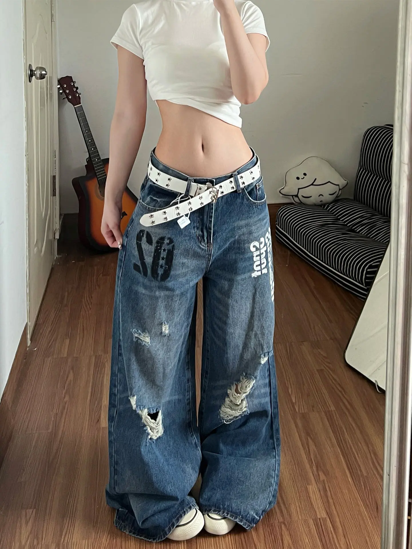 

American Style Vintage Faded Wide Leg Jeans Women's Summer New High Waist Straight Loose Floor-Length Casual Pants