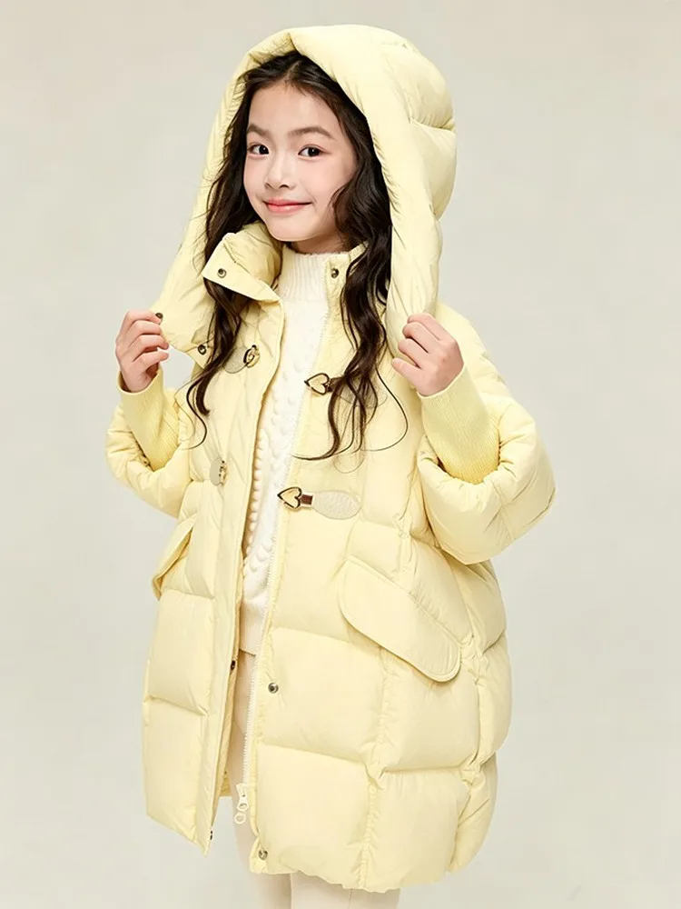 Mädchen Winter Daunenjacke 90% Weiße Entendaunen Mittellange Kapuzenparka Kinder Mädchen Warme Oberbekleidung Winddichter Kindermantel 5-14 Jahre – Detail 14