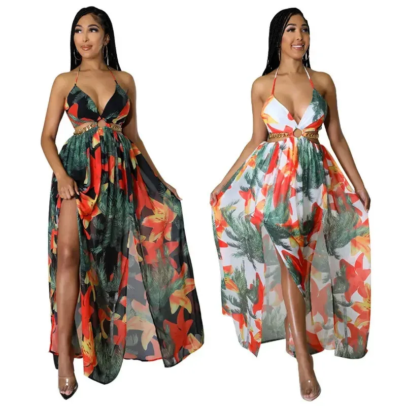 Vestido largo con estampado Floral para mujer, elegante vestido francés de verano con cuello Halter, camisola de longitud media, vestido elegante con abertura alta