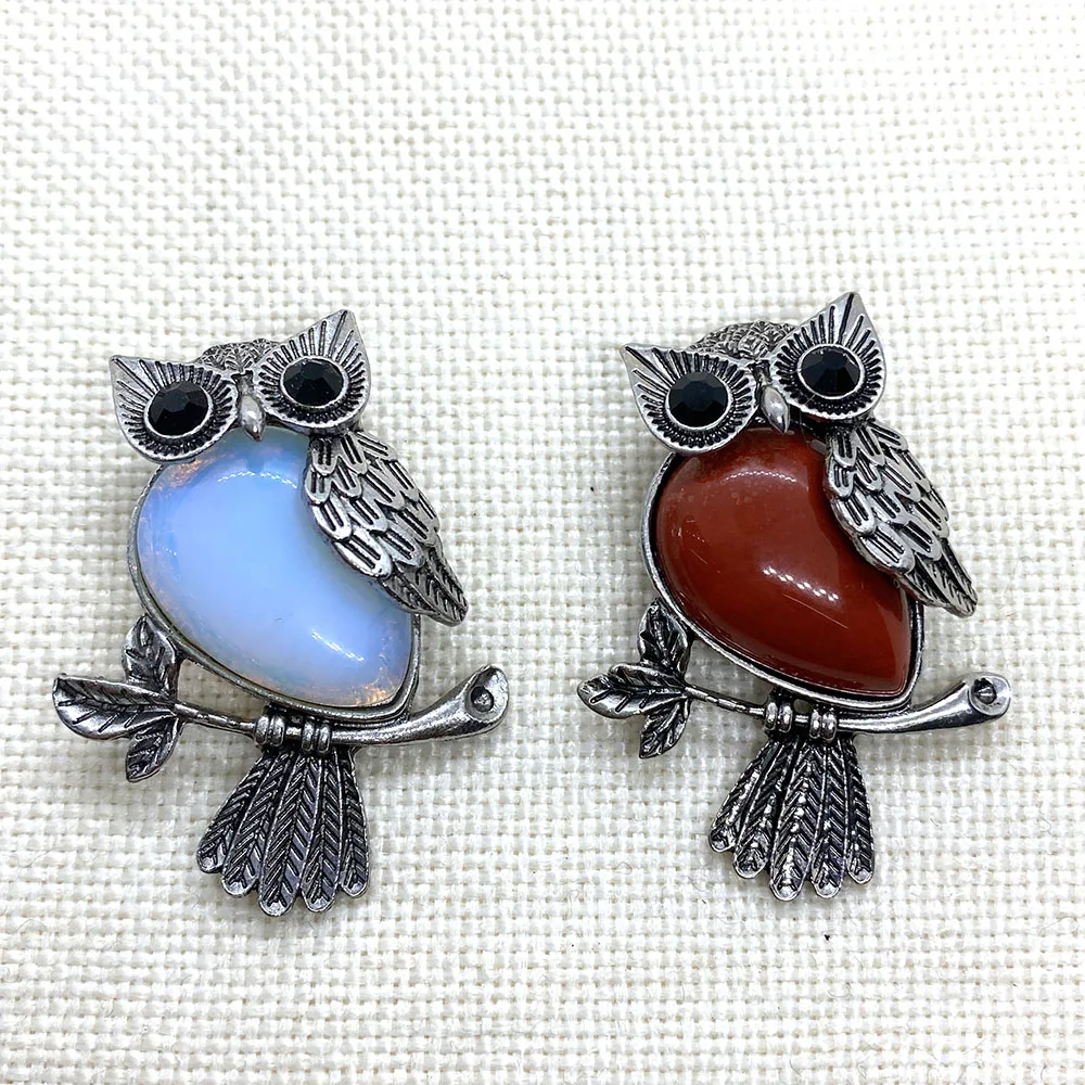 Zinc Alloy Inlay Red Agate Pendant 35x46mm Natural Stone Owl Shaped Tiger Eye Brooch Charm Jewelry DIY Necklace Accessories