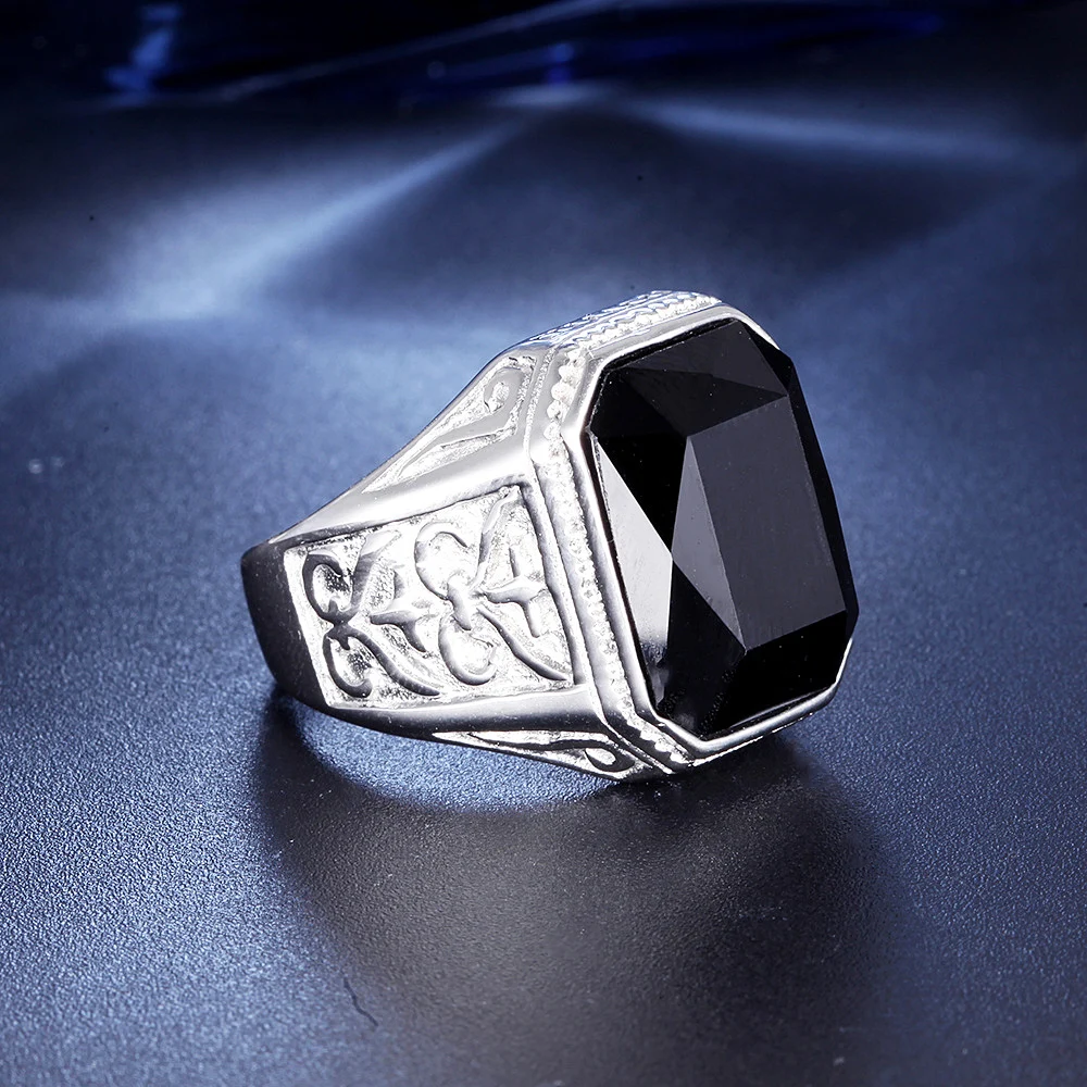 High Quality Big Stone Blue/black/redstone Ring Men Women Punk Stainless Steel Biker Carving Ring Vintage Fashion Jewelry Gift