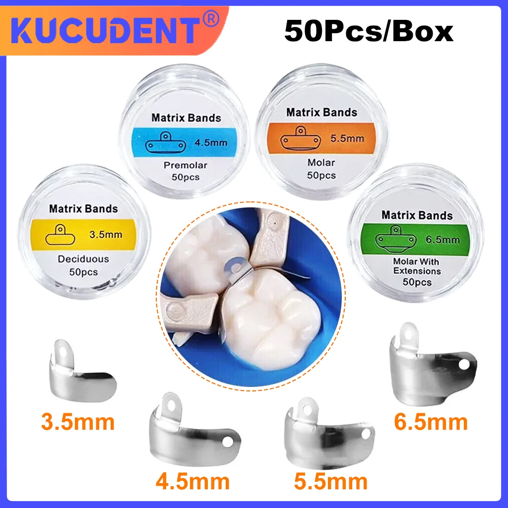 

50PCS Dental Matrix Bands Metal Sectional Matrices for Teeth Restoration Contoured Dentistry Material Dentist Tools with Rings