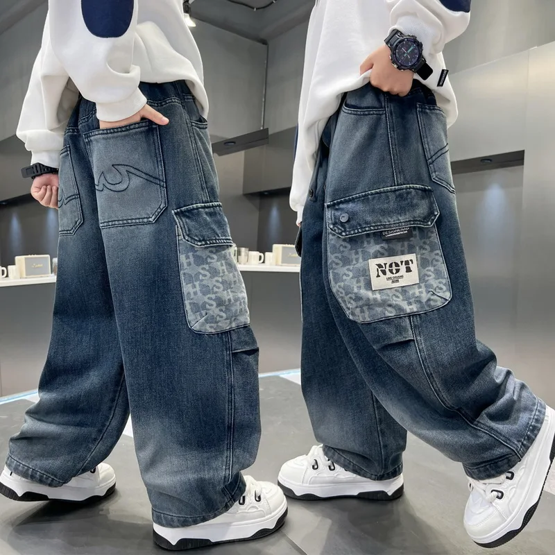 Boys Patchwork Baggy Jeans With Side Pocket Age 5-14 Year Child Fashion Relaxed Fit Denim Cargo Pants Kids Brief Style Trousers