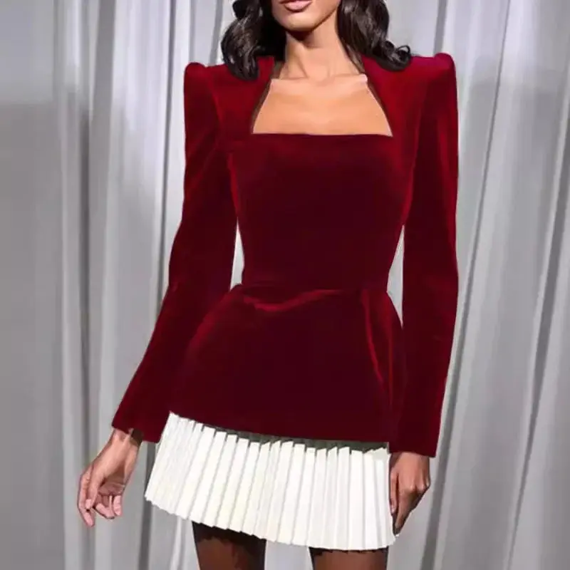 2025 new AliExpress fashion personality long-sleeved color matching pleated hem suit skirt, dress dating women's clothing