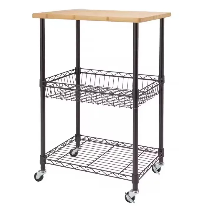 

Simple Detachable Wooden Kitchen Cart With Net Basket Wholesale Storage Shelf For Vegetables And Fruits