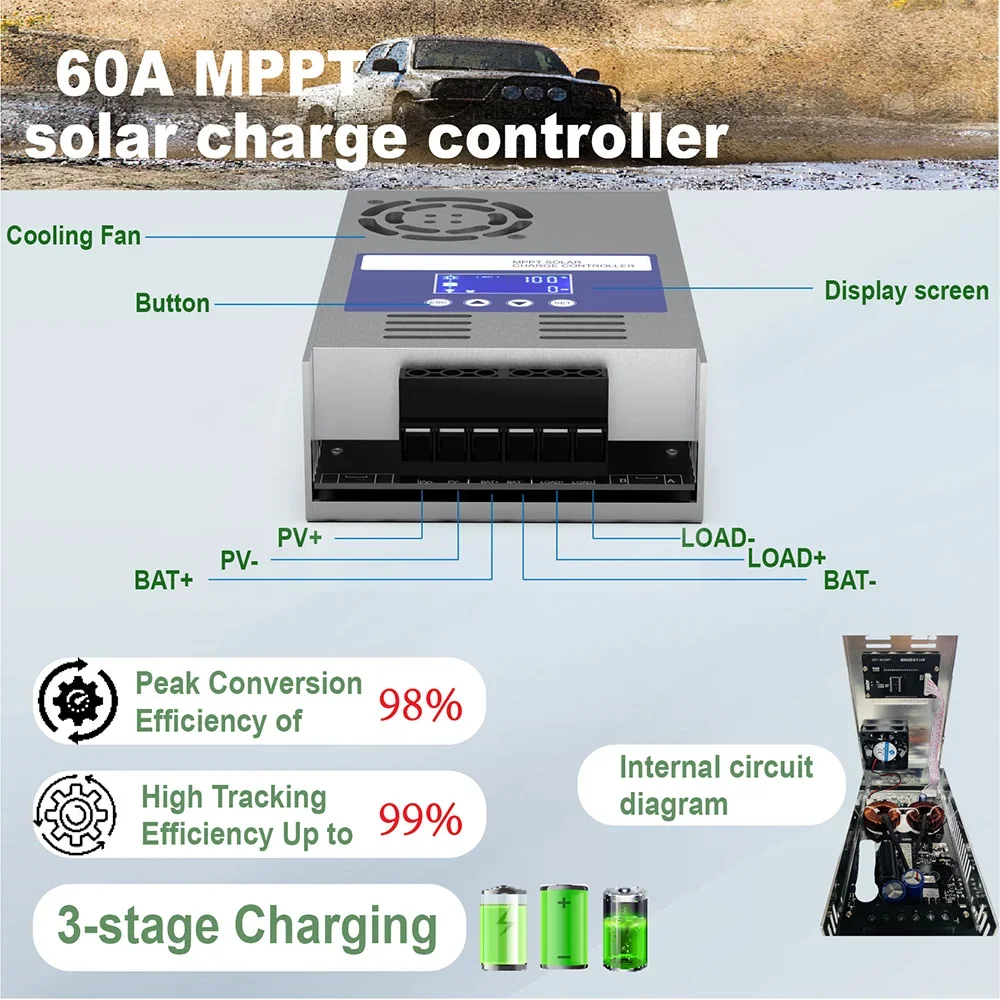 Imagem -05 - Controlador de Carga Solar Mppt 60a 48v 36v 24v 12v Auto Max pv 160vdc para Bateria de Lítio Chumbo Ácido Regulador de Carga do Painel Fotovoltaico