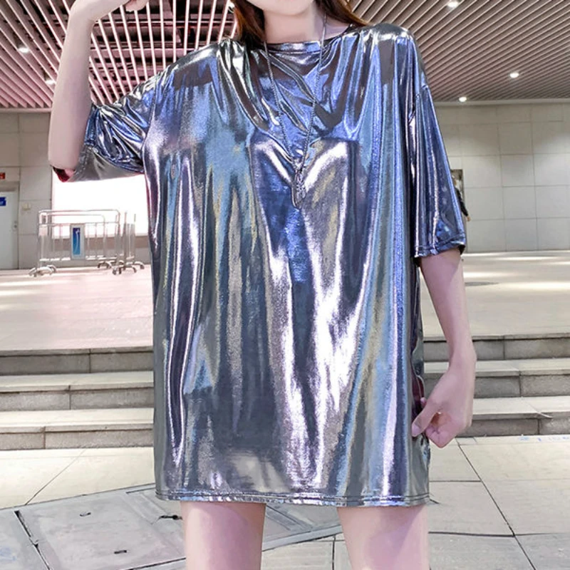 Women Shiny Glittering T-shirt Trendy Hip-hop Long Loose Bar Dance Girls Student Short-sleeved O-neck Casual Couple Tops Tees