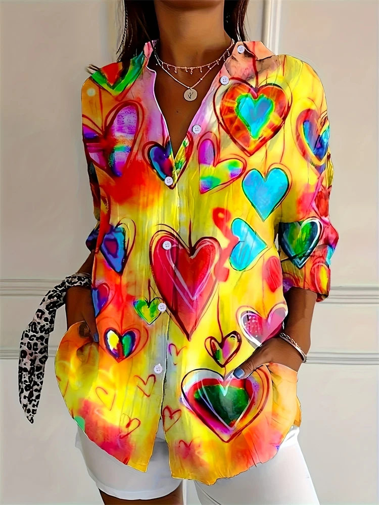 

2025 New Autumn Ladies Casual Shirt Love Heart Printed Loose Blouse V Neck Button Shirt Valentine's Day Shirt For Men And Women