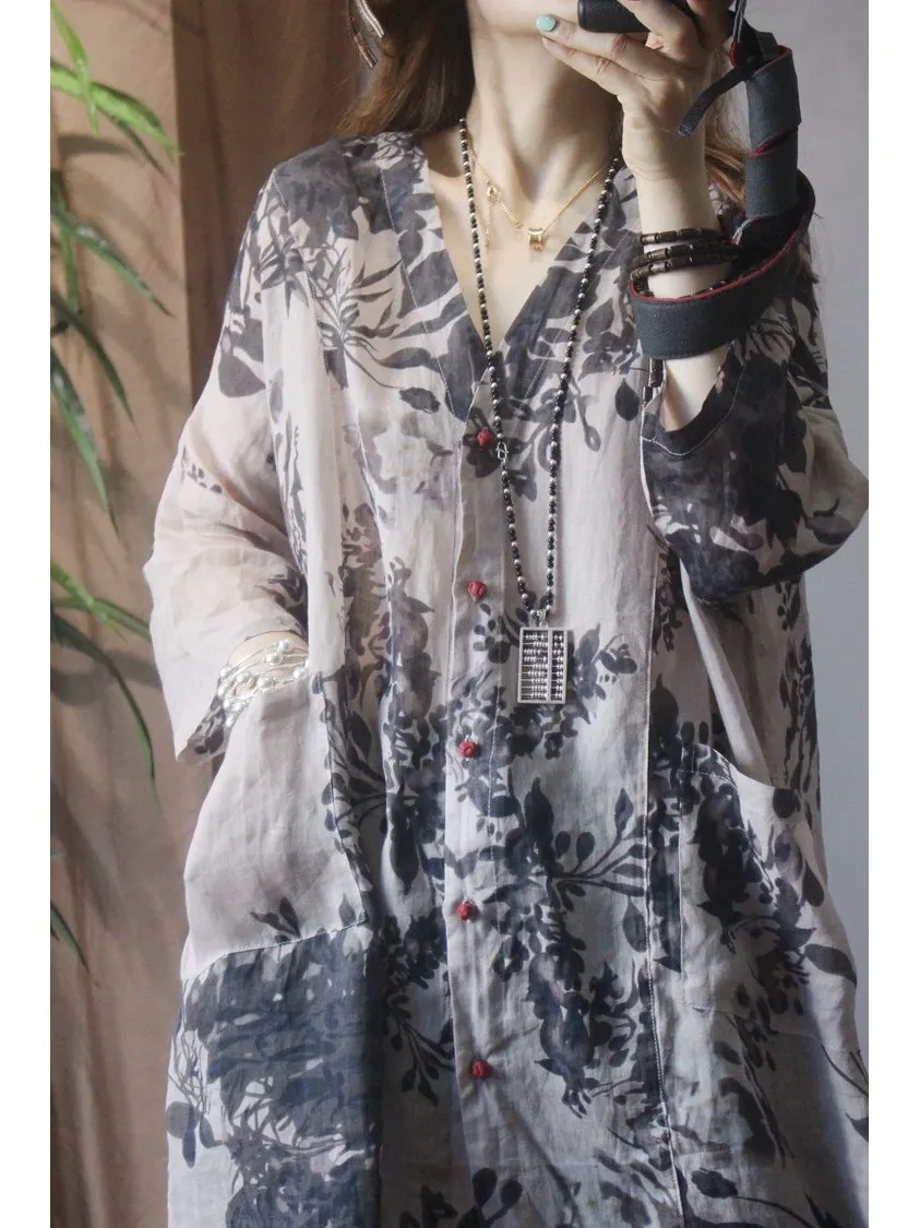 Artistic Water-Mark Print Loose-Fit Midi Open-irt Top Sun-Protective -Silk Blend V-Ne Button-Up Women's irt