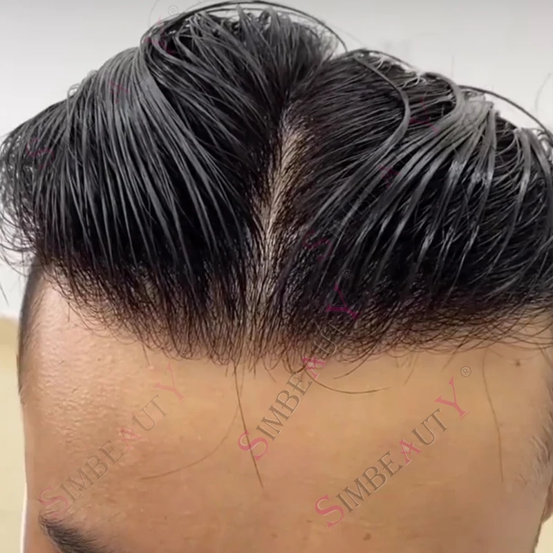 شعري طبيعي الرجال الشعر المستعار دائم رقيقة الجلد كامل بولي Base قاعدة الذكور بني داكن خصلات الشعر المستعار الإنسان متموجة/مستقيم رجل نظام الاصطناعية #2