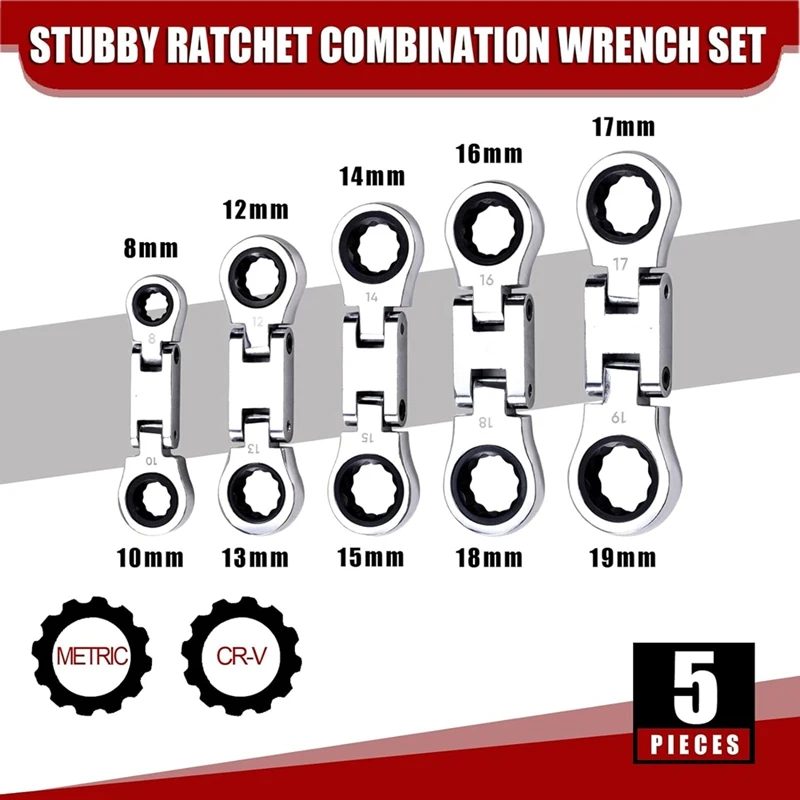 5-Piece Flex-Head Stubby Ratcheting Combination Wrench Set, Mini Wrench Set, Double Box End Flex-Head, Mini Spanner Set