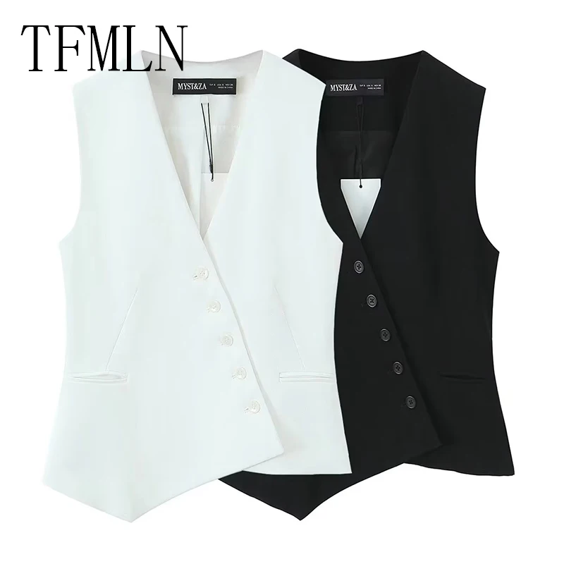 

TFMLN New Women Spring Summer Asymmetrical Vest Female V-neck Slim Commuting Vest Sleeveless Top Buttons Black White Outerwear