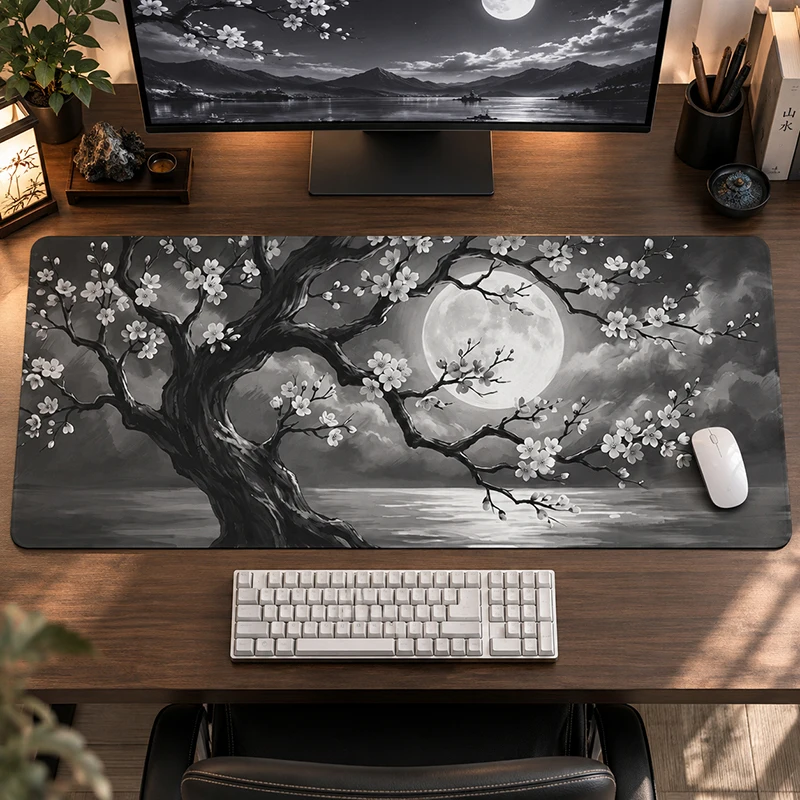 Mouse Pad Black White Moonlight Sakura Tree Gamer XL Home HD Computer Mousepad XXL Desk Mats Office Carpet Soft PC Table Mat