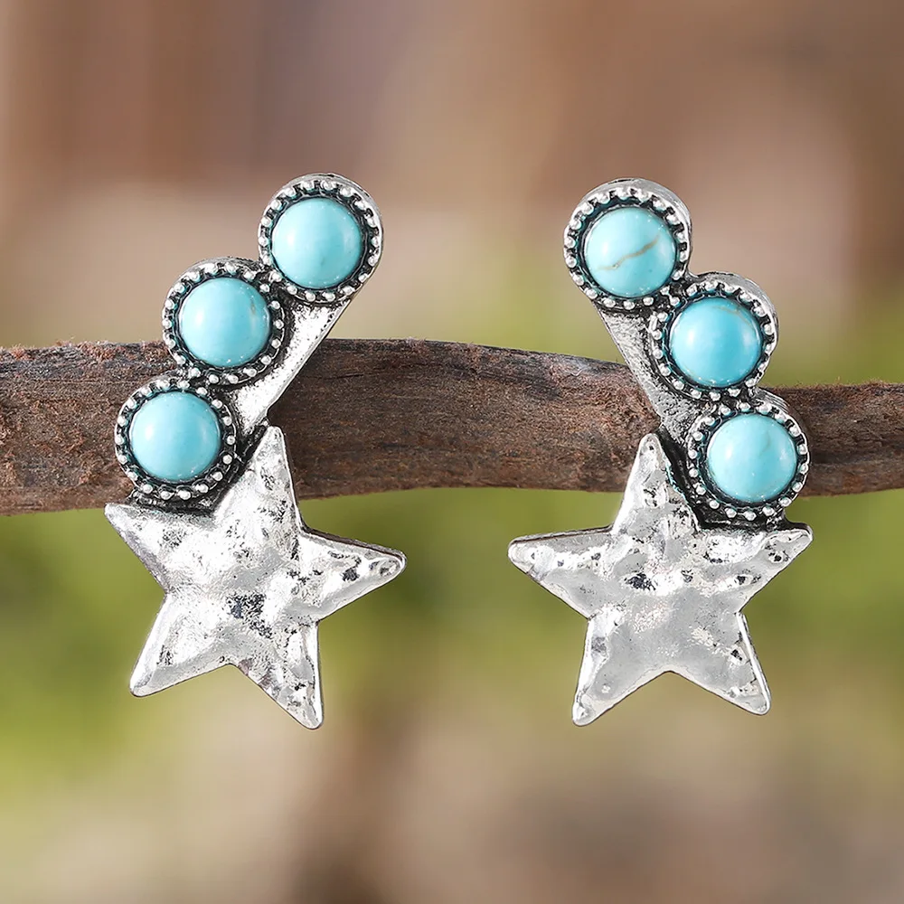 Turquoise Stone Bolt Ear Crawl Earrings Turquoise and Punch Star Dangle Earrings Southwestern Style Cowgirl Western Gift for Her