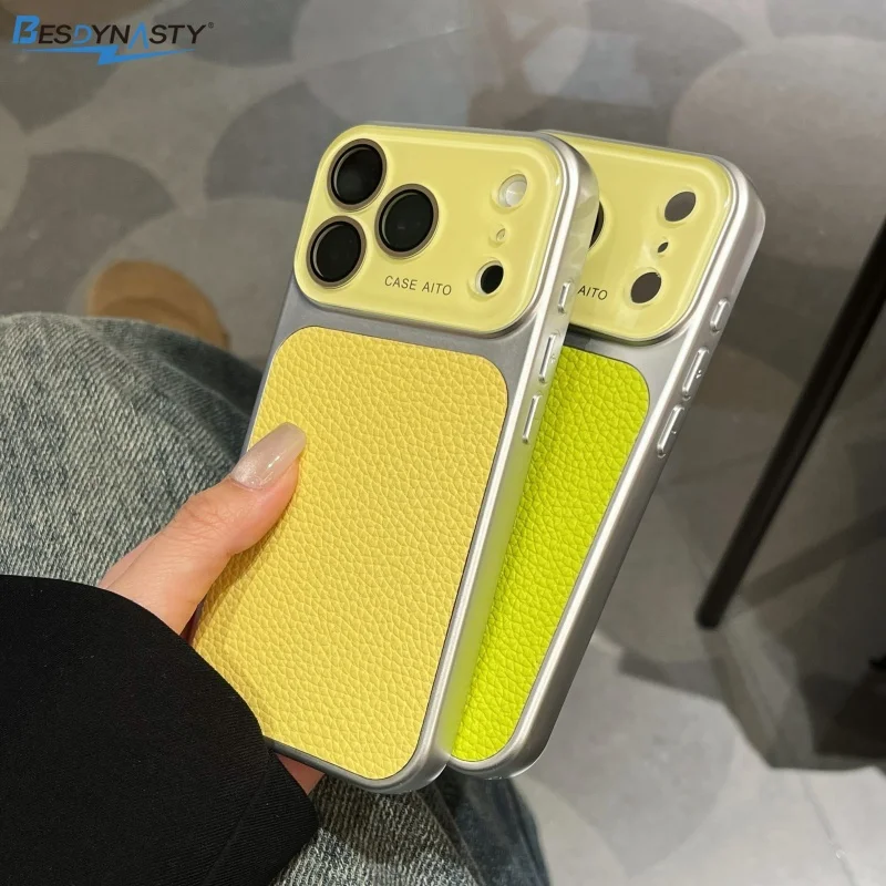 Luxury Large Window Lychee Textured Leather Phone Case For iPhone 17 16 15 14 18 Pro Max Lens Protection Shockproof Bumper Cover