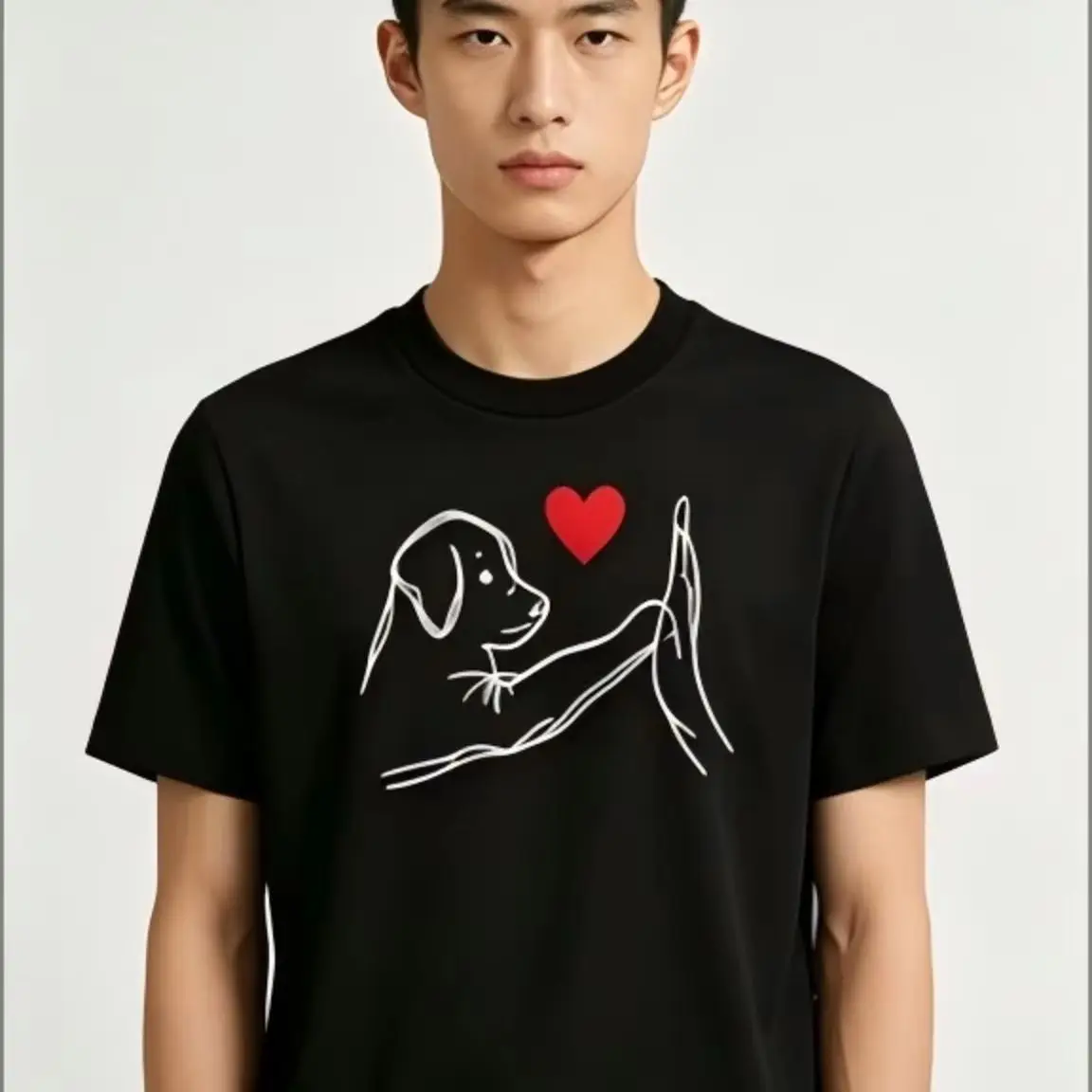 Minimalist Line Art Dog High Five Red Heart Graphic Tee Cute Pet Lover Casual Short Sleeve Aesthetic Unisex Daily Streetwear