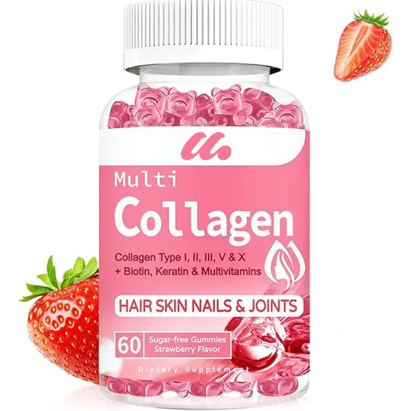 

Men's sugar free collagen gummies, collagen containing biotin, seaweed, vitamin C, zinc -60 strawberry flavored supplements