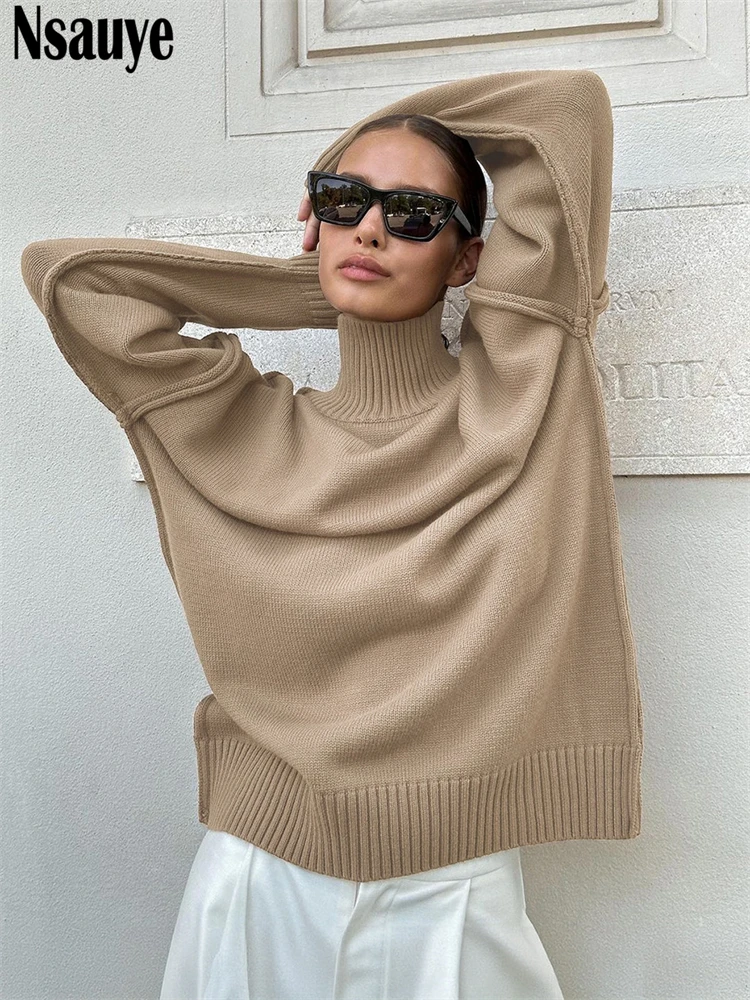 Nsauye Women Casual Loose Long Sleeve Knitted Sweater Jumpers Tops 2024 Winter Fashion Turtleneck Club Sexy Sweater Clothes