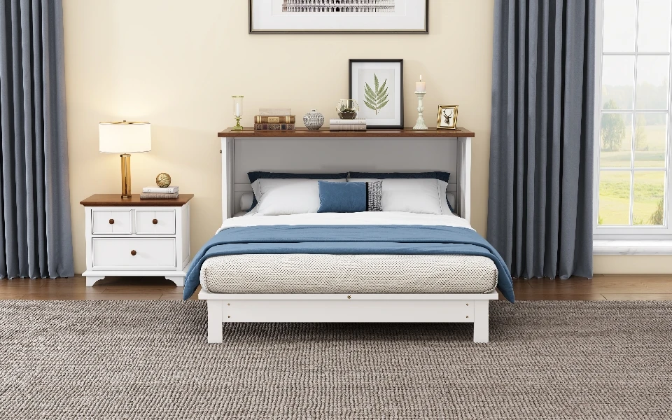 خزانة سرير ميرفي من خشب الصنوبر الصلب مع قاعدة شحن ودرج تخزين كبير، كوين #4