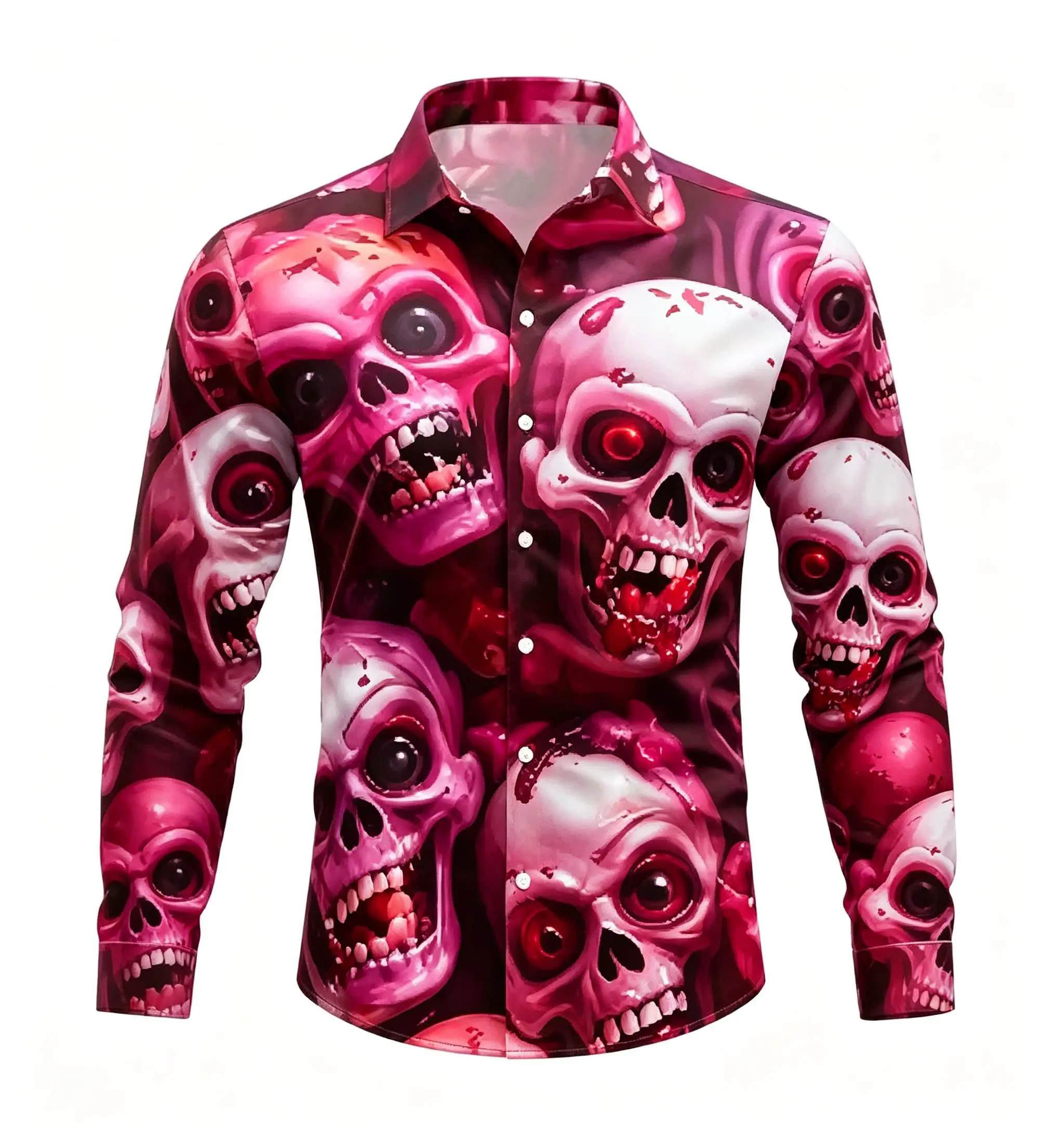 Men Long-Sleeve Button-Down Shirt Colorful Neon Skull Print Polyester Lapel Collar Party Top