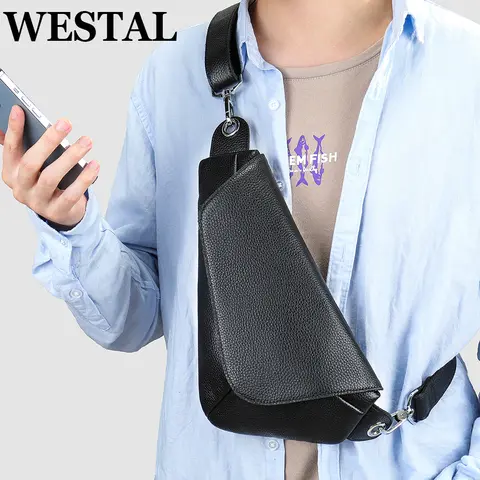 WESTAL 남성용 원 숄더 백팩, 가죽 가슴 가방, 남편 선물, 파티 가방, 사이드 슬링백, 크로스 바디 슬링백