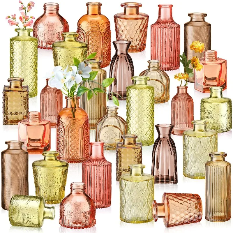 

30 Pcs Vases Bulk Colored Flower Glass Vases Bud Vintage Colored Glass Bottles Colorful Rustic Embossed for Home Wedding