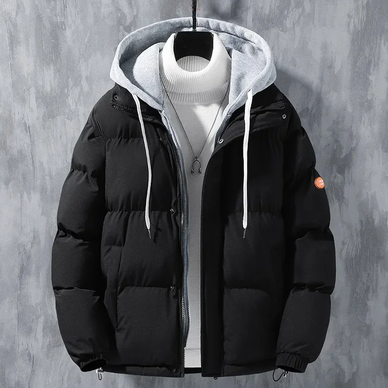 

2025 New Winter Loose-fit Thickened Warm Cotton Coat Hood for Men Trendy Student Puffer Jacket Two-piece Illusion