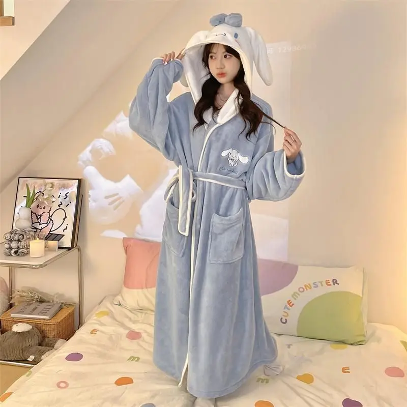 New Hello Kitty  cute hooded nightgown cartoon kawaii thick absorbent quick-drying long adult bathrobe pajamas