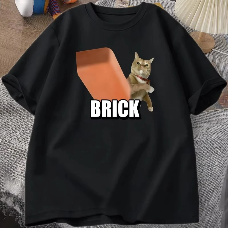 Funny Cat Throwing Brick Meme Lightweight T-shirt for Men Women Leisure Cotton T Shirt Round Neck Fashion Short Sleeve Tshirt