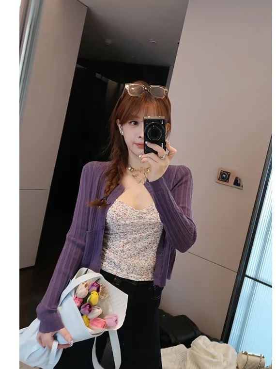 

Весенний укороченный топ с цветочным кружевом и вязаными элементами, женский открытый кардиган в корейском стиле, тонкий, мягкий, с длинными рукавами, дышащий, приятный к телу.