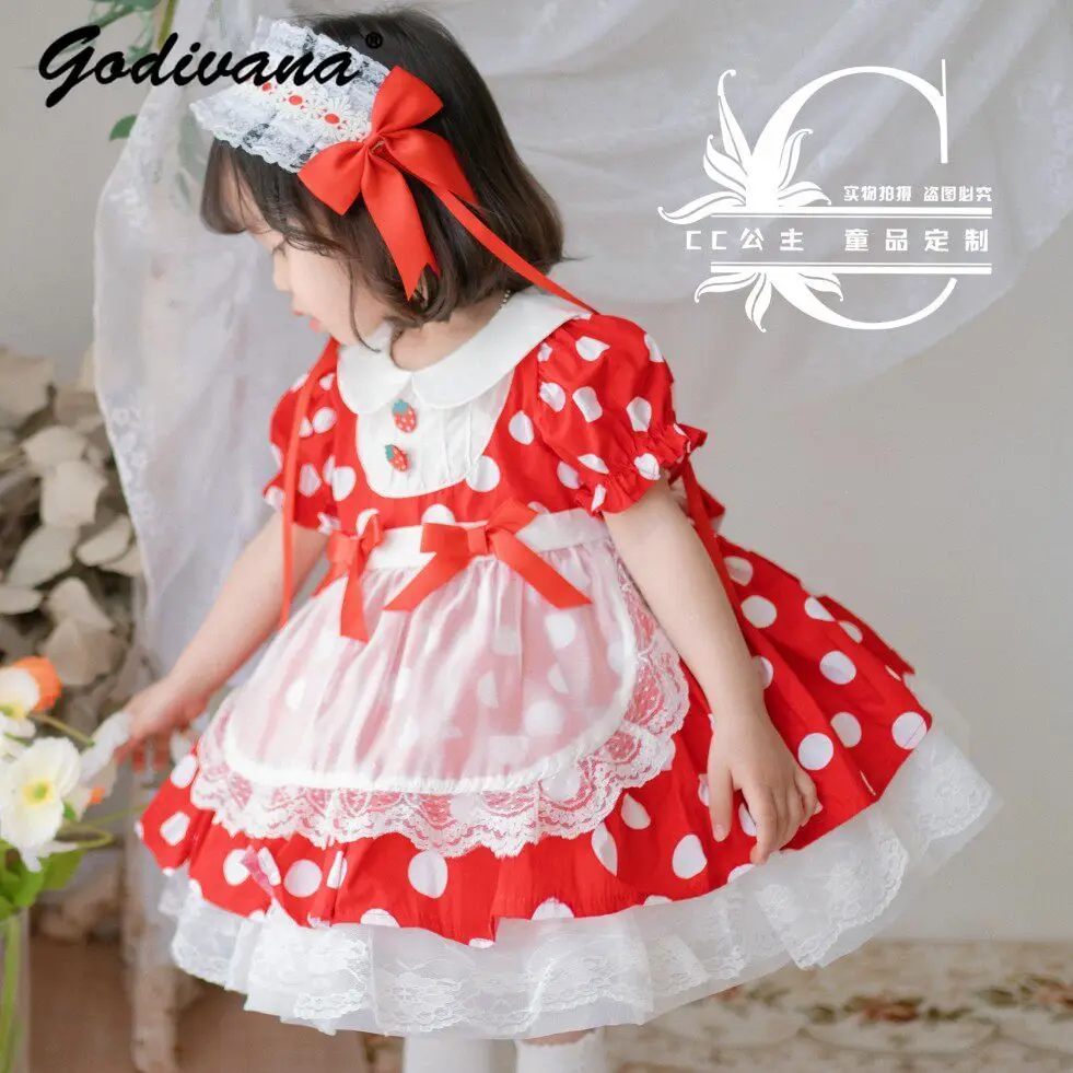 Sweet Baby Girls Summer Cute Polka Dot Lolita Dress Kids Spanish Red Bow Puff Sleeve Lace Trim High Waist Princess Ball Gown