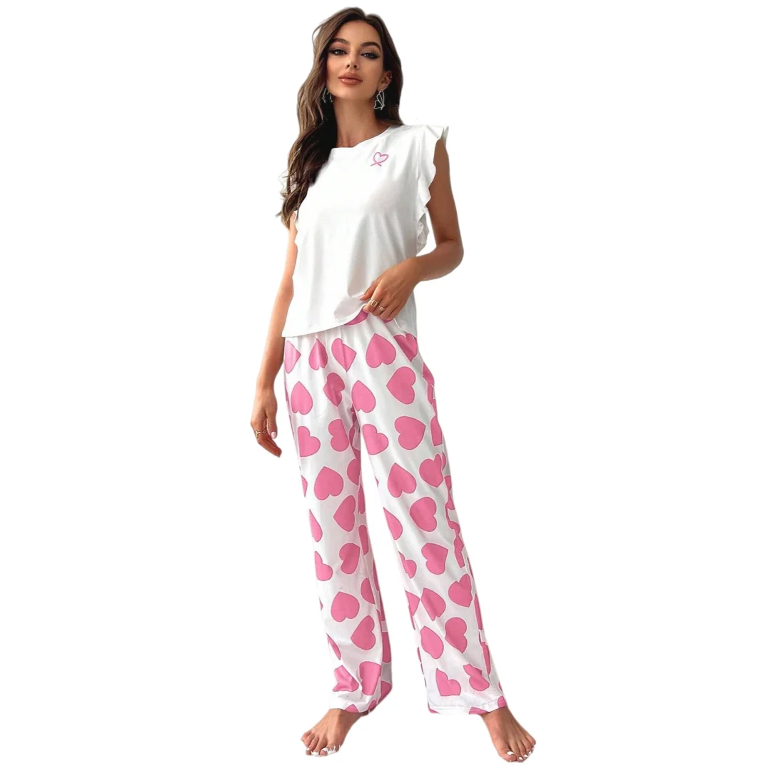 

Розовые пижамы с принтом в форме сердца для женщин, комплект домашней одежды, рубашки с рукавами в виде листьев лотоса и длинные брюки, ночная рубашка, подарки
