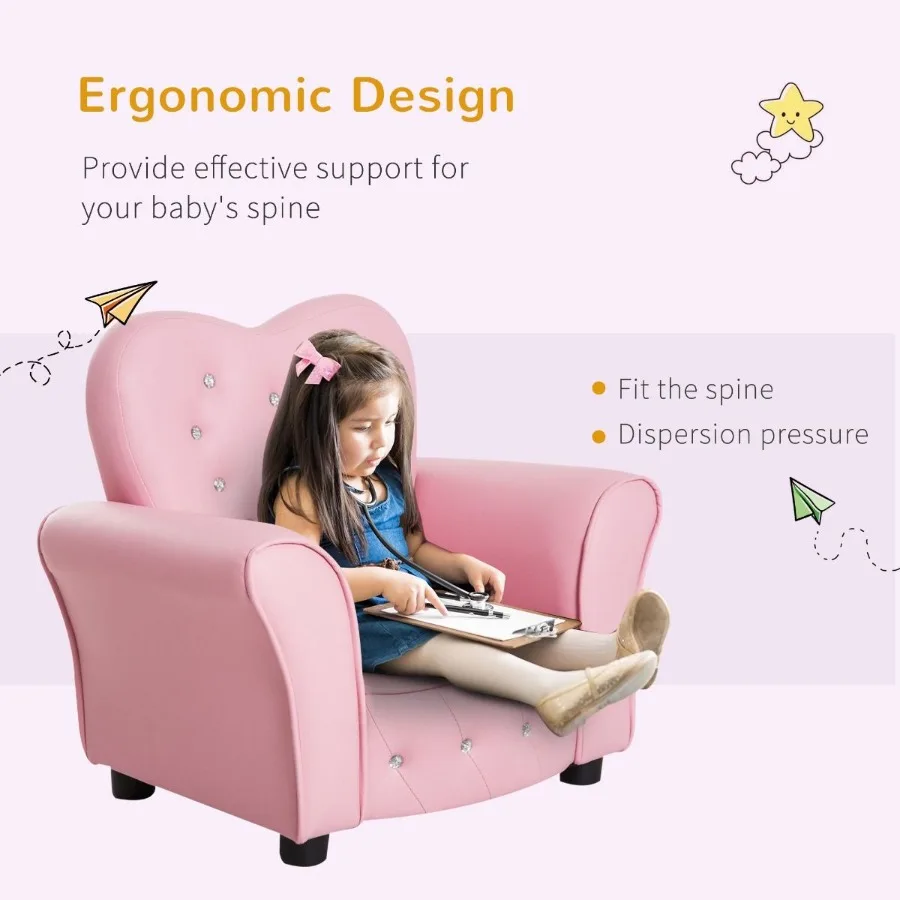 Qaba Pink Princess Toddler Sofa Chair Tufted Upholstered with Diamond Decor Luxury Couch for