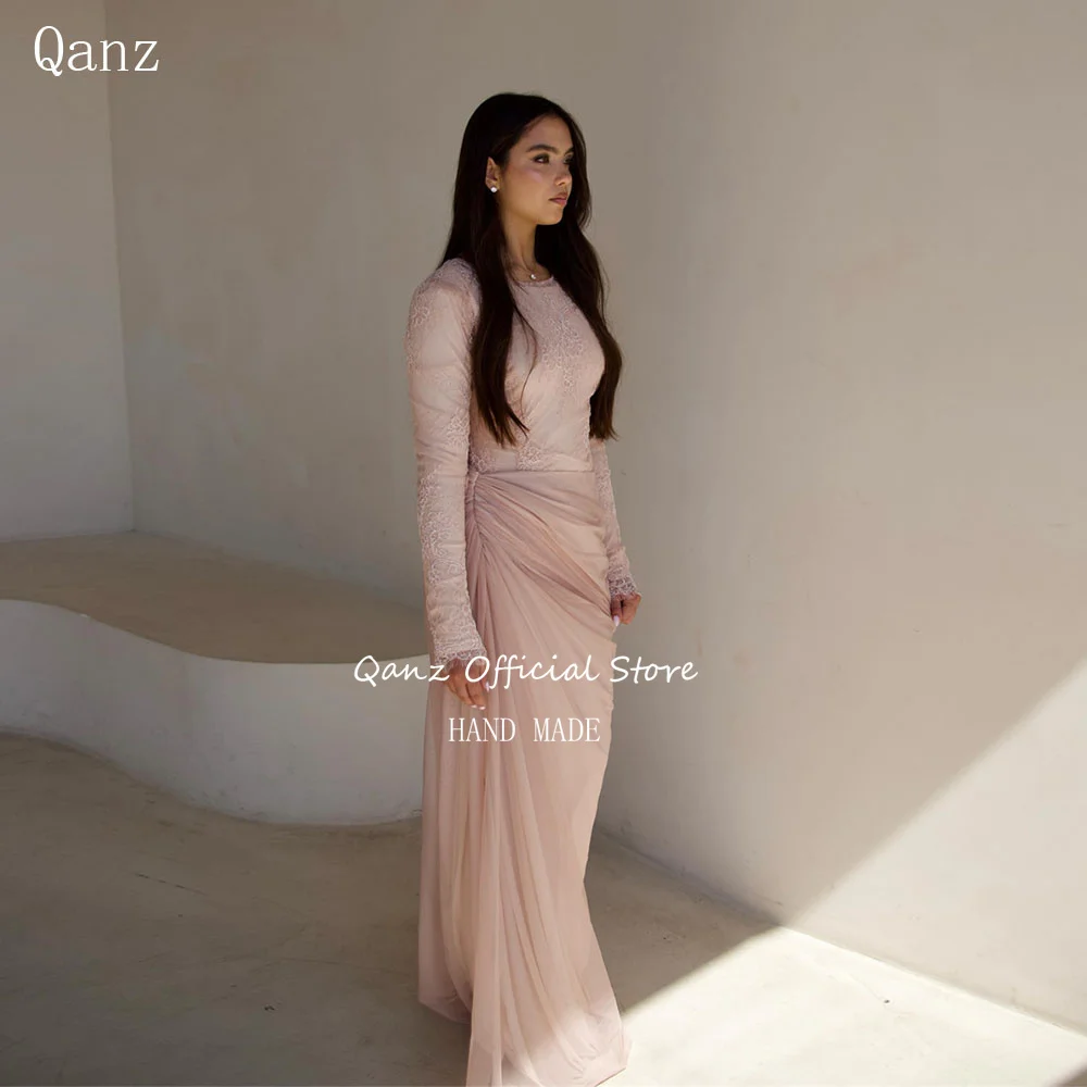 Qanz Blush Pink Mermaid Long Sleeves Chiffon O Neck Wedding Guest Dress Lace Women Vestidos Elegantes Para Mujer Customized