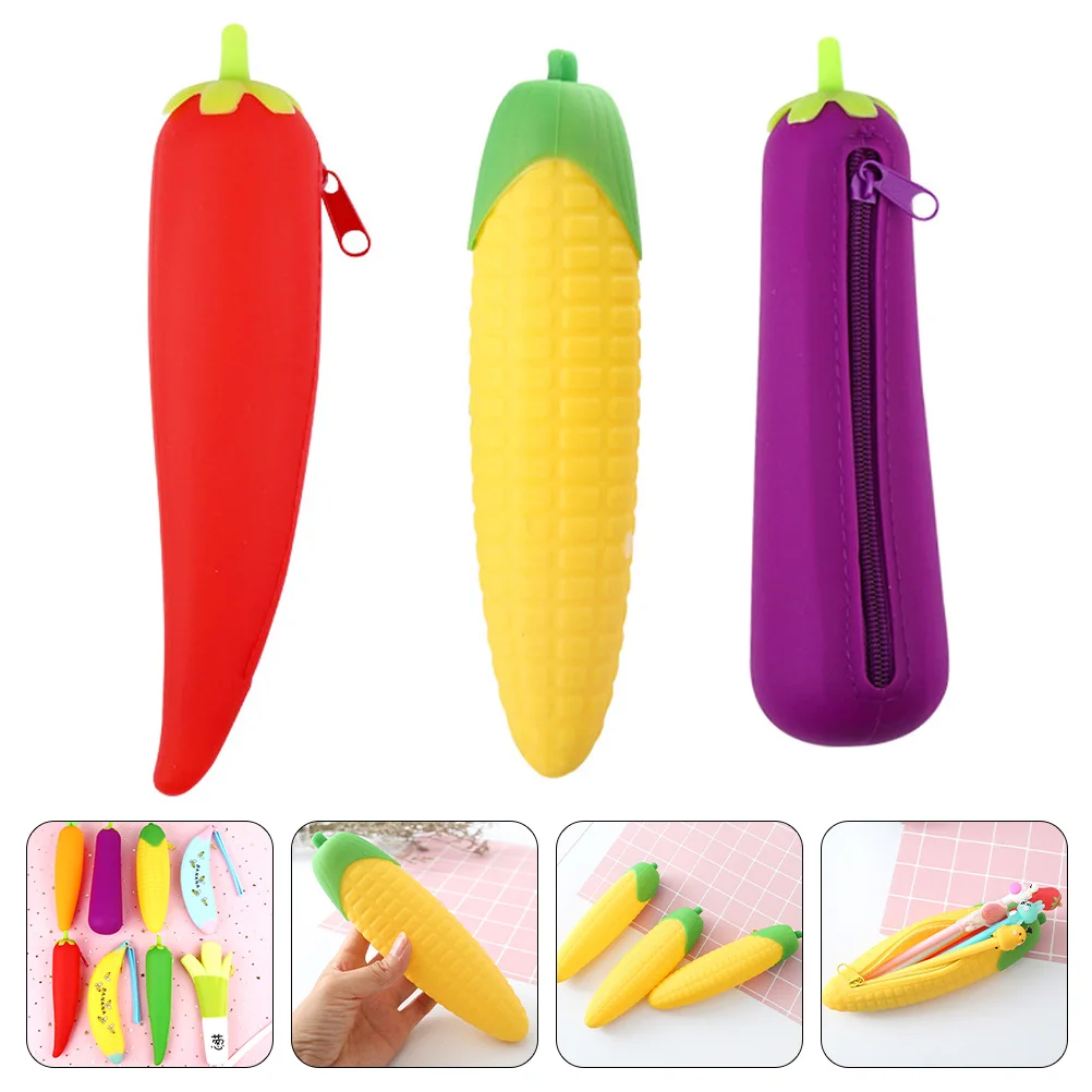 

3Pcs Vegetable Pencil Box Lovely Portable Stationery Organizer Large Capacity Storage Bag for Pens Pencils Rulers Scissors Kids