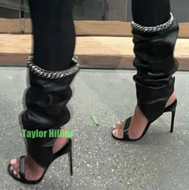 

Lady Black Sexy Gladiator Slingback Calf Sandals Boots Open Toe Pleated Summer Footwear Metal Design Cowboy Pumps Size 34-46