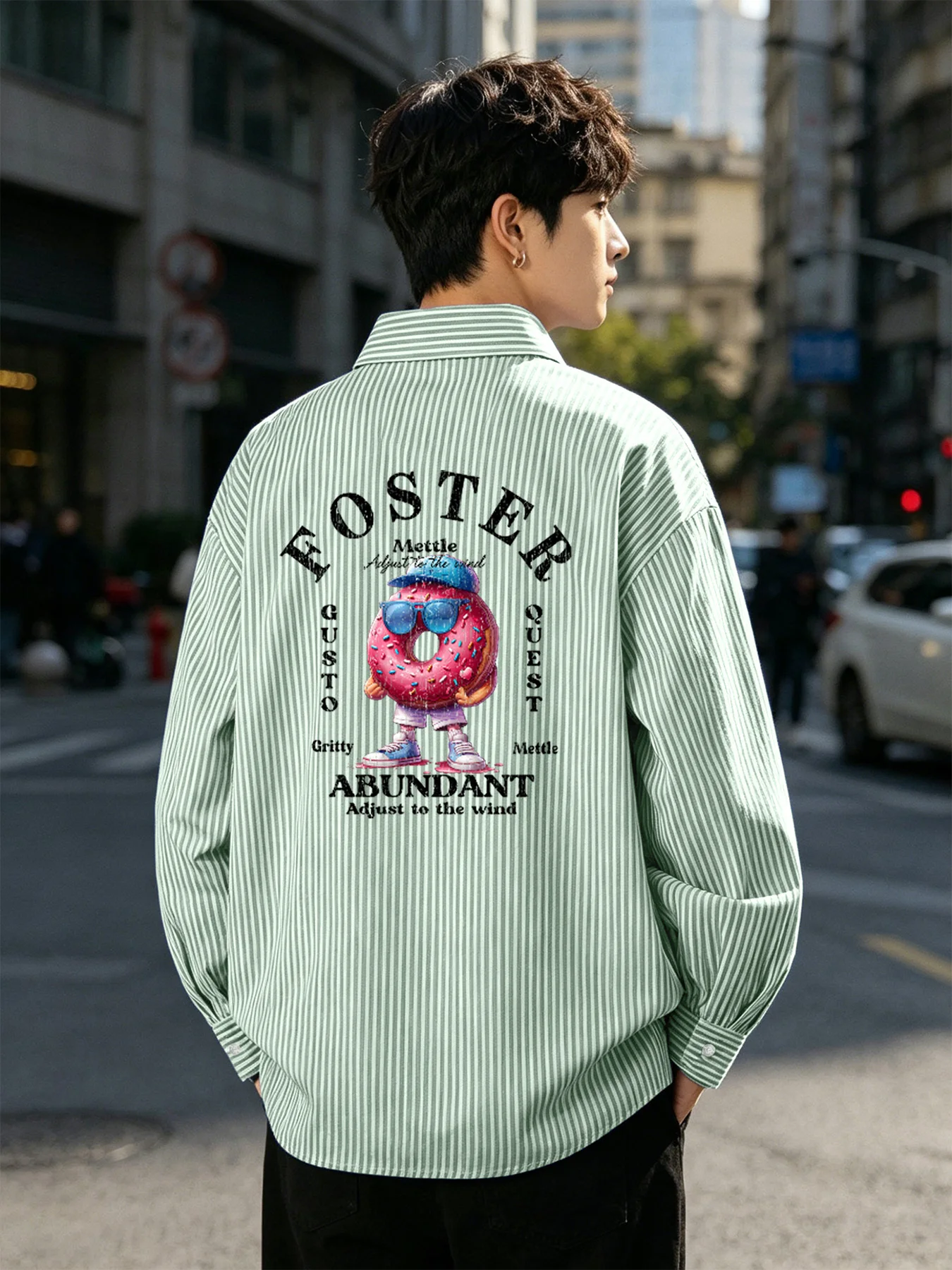 

Early Spring and Autumn New Men's Fashion Cartoon Back Pattern Long Sleeve Striped Casual Versatile Shirt