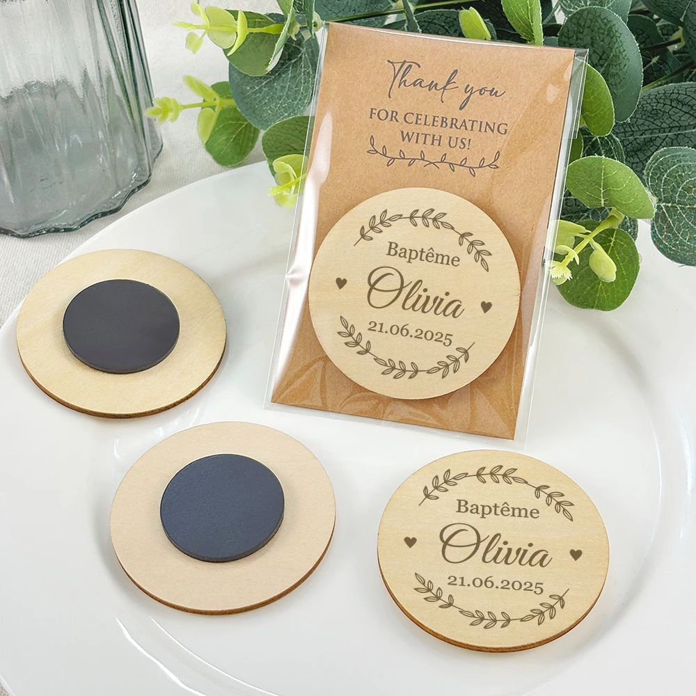 Favores de bautismo Recuerdos de bautizo de bebé para invitados Imanes de madera personalizados Imán de bautismo personalizado con tarjeta de agradecimiento
