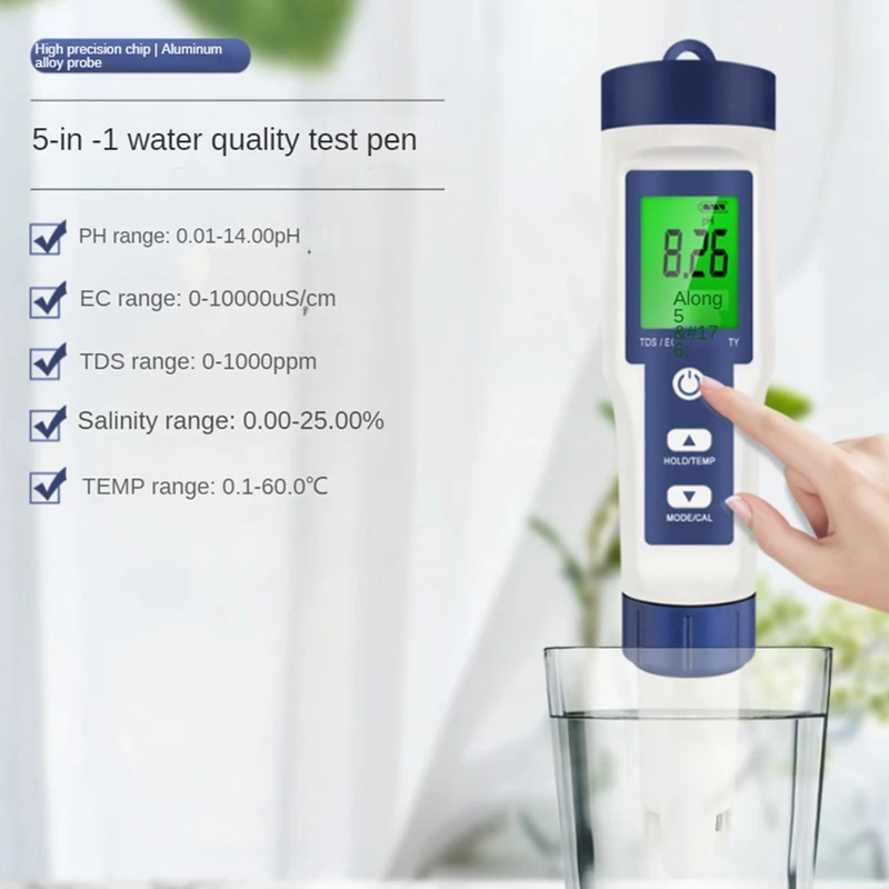 Digital Water Quality Tester 5-In-1 TDS/EC/PH/Salinity/Temperature Meter Blue & White For Pools Aquariums Drinking Water