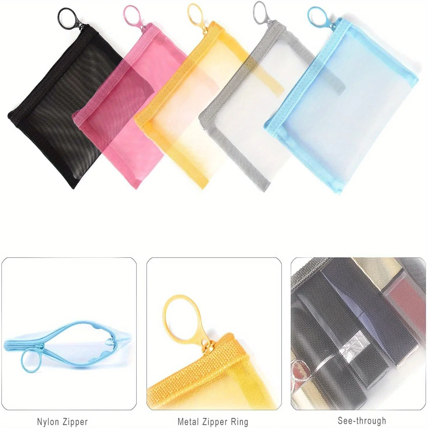 5 unids/pack Mini bolsas de malla con cremallera, 4 "X 5", organizador de accesorios cosméticos de lápiz labial de maquillaje de belleza, bolsa de almacenamiento de Kit de viaje pequeña
