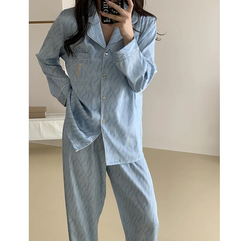 Satin Casual Home Clothes Spring Autumn Long Sleeved Pants 2PCS Nightwear Fashionable Printed Lapel Sleepwear Women's Loungewear