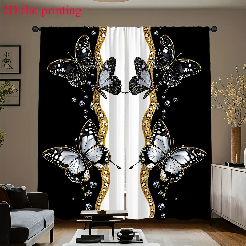 2PCS Digital Print Curtains, Black Gold Border Butterfly with Diamond Pattern, Luxury Glam Style for Living Room ／ Elegant