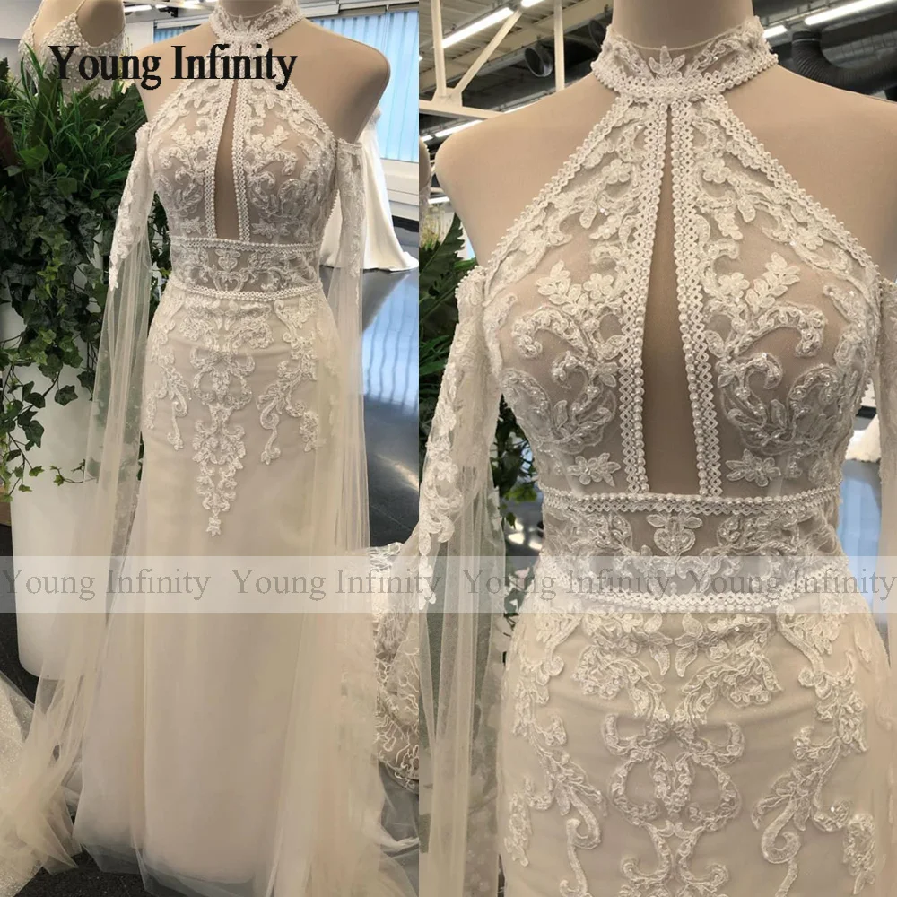 Neue Ankunft Halter Strand Hochzeit Kleid Abnehmbaren Ärmeln Spitze Applique Perlen Taste Zurück Brautkleid 2023 Frau Formale