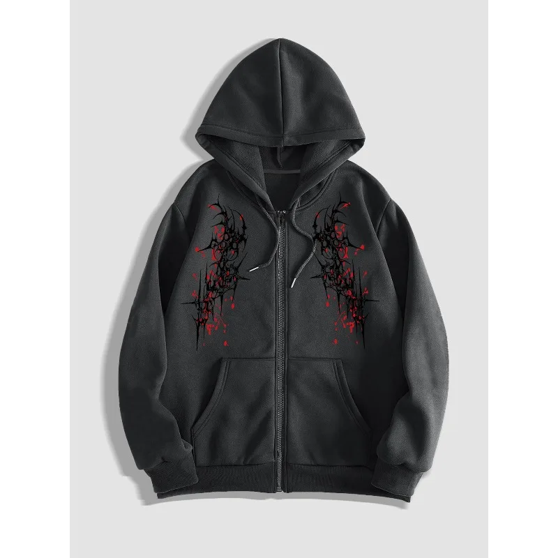 Gothic Style Complex Dark Graffiti and Thorn Print Men's Zipper Hooded Casual Hoodie for Both Men and Women